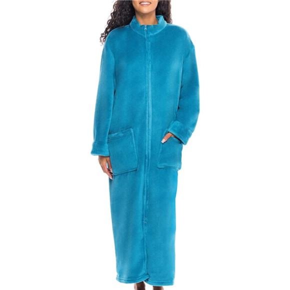 Women's Zip Up Fleece Robe, Soft Warm Plush Oversized Zipper Bathrobe, Turquoise